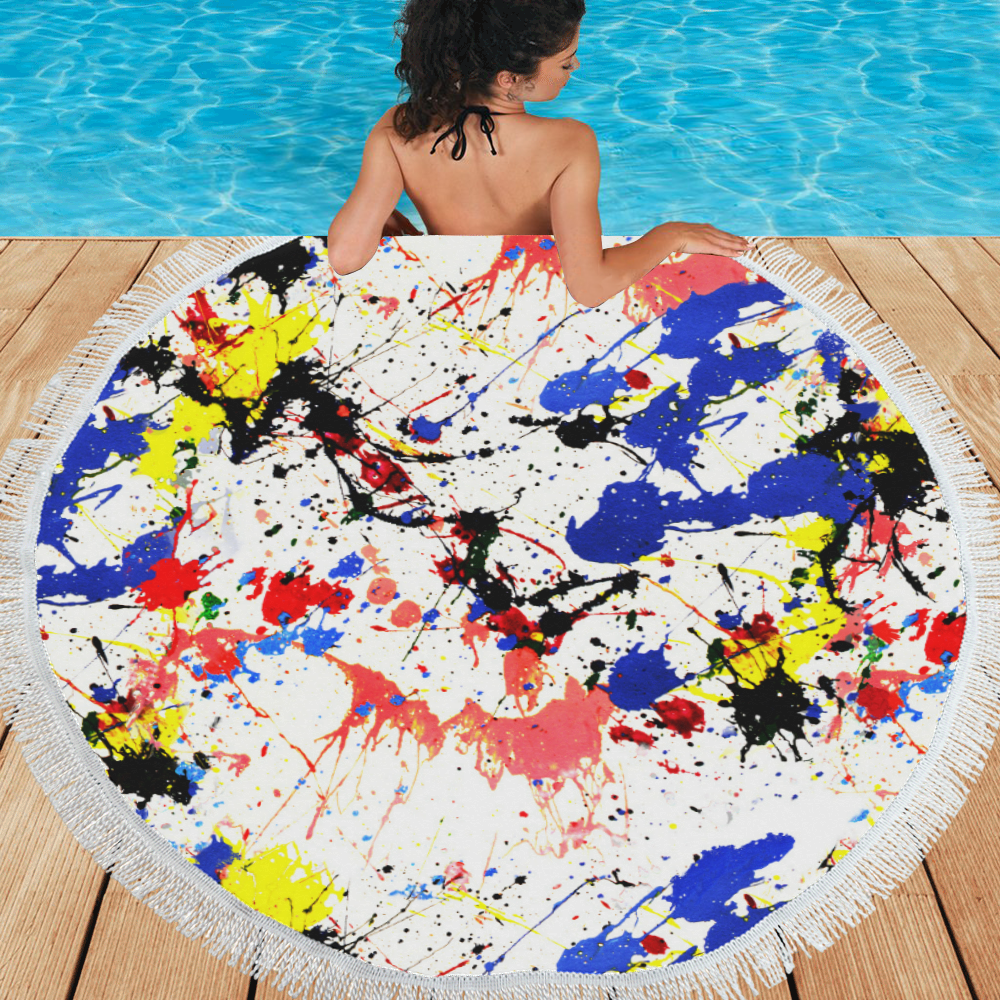 Blue and Red Paint Splatter Circular Beach Shawl 59"x 59"