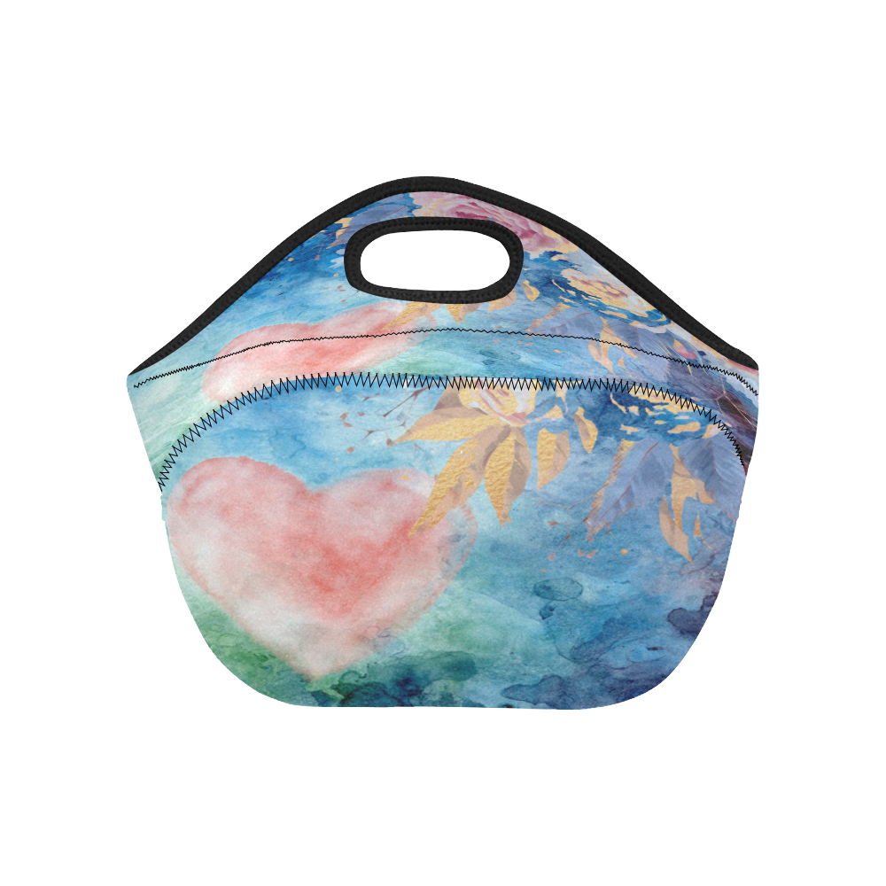 Heart and Flowers - Pink and Blue Neoprene Lunch Bag/Small (Model 1669)