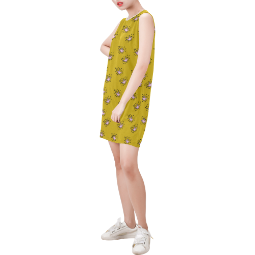zodiac bat pink yellow Sleeveless Round Neck Shift Dress (Model D51)