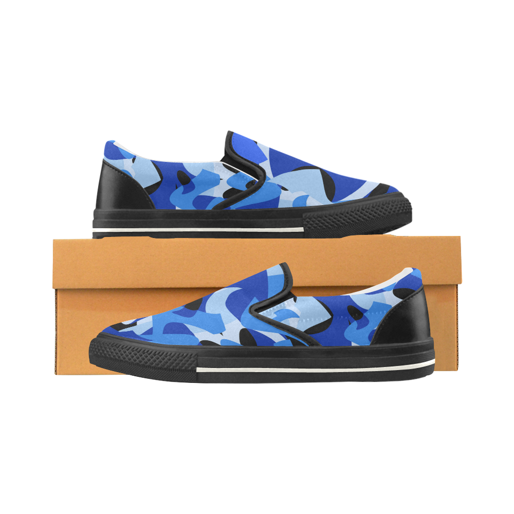 Camouflage Abstract Blue and Black Women's Slip-on Canvas Shoes/Large Size (Model 019)