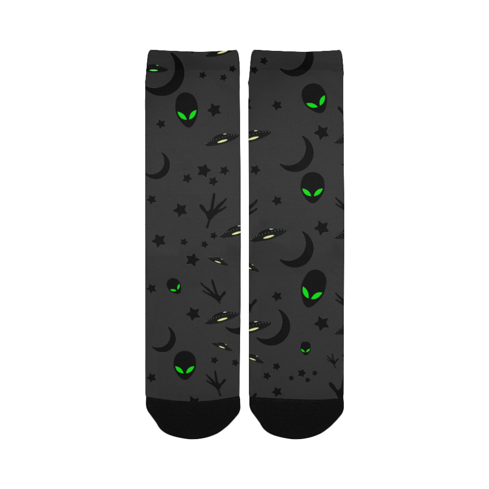 Alien Flying Saucers Stars Pattern on Charcoal Women's Custom Socks