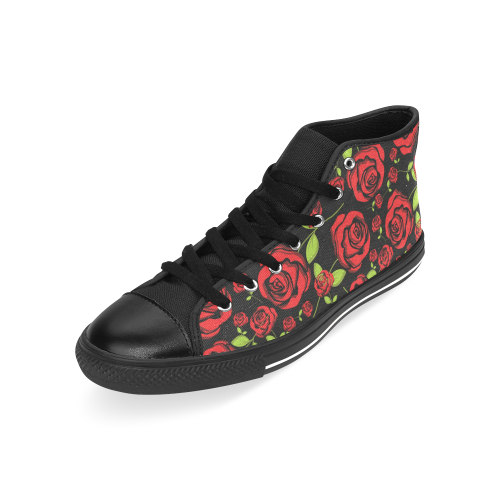 Red Roses on Black Men’s Classic High Top Canvas Shoes /Large Size (Model 017)