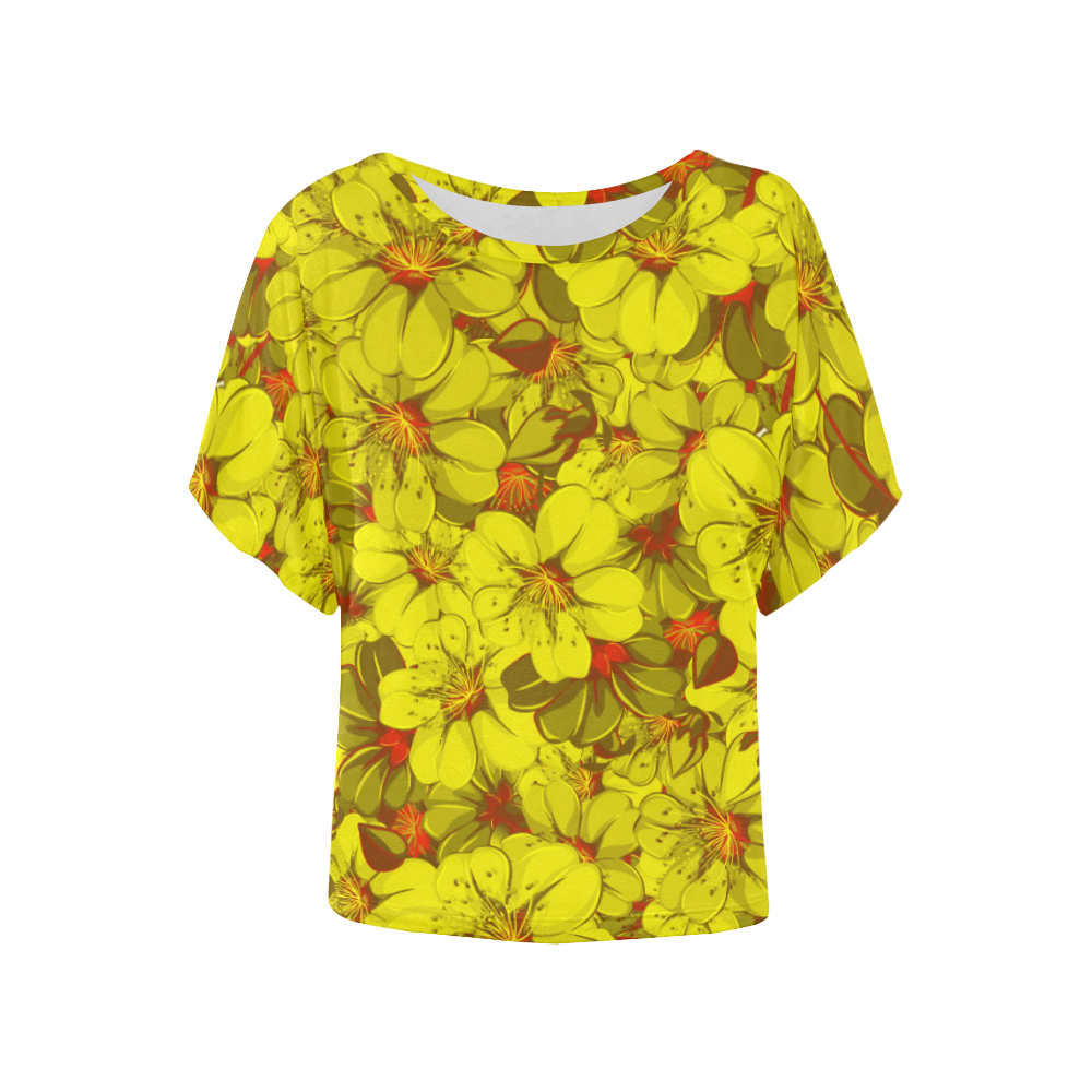 Yellow flower pattern Women's Batwing-Sleeved Blouse T shirt (Model T44)