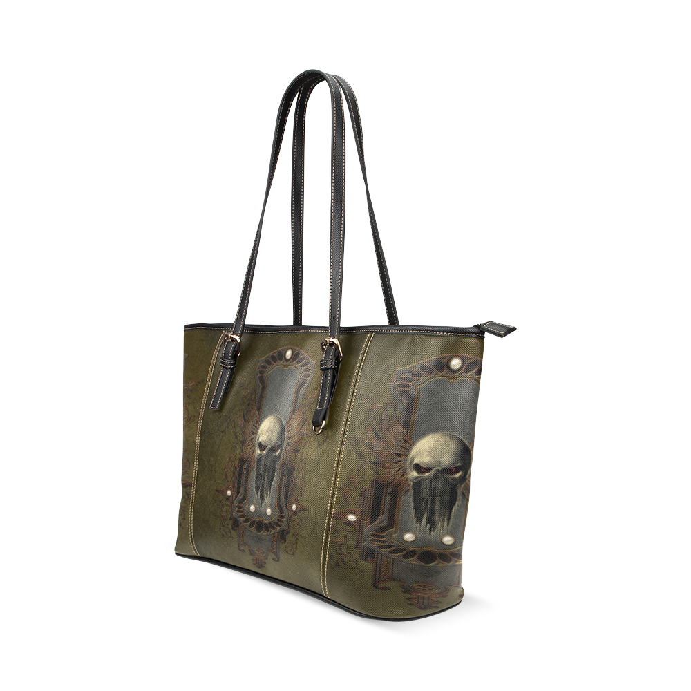 Awesome dark skull Leather Tote Bag/Small (Model 1640)