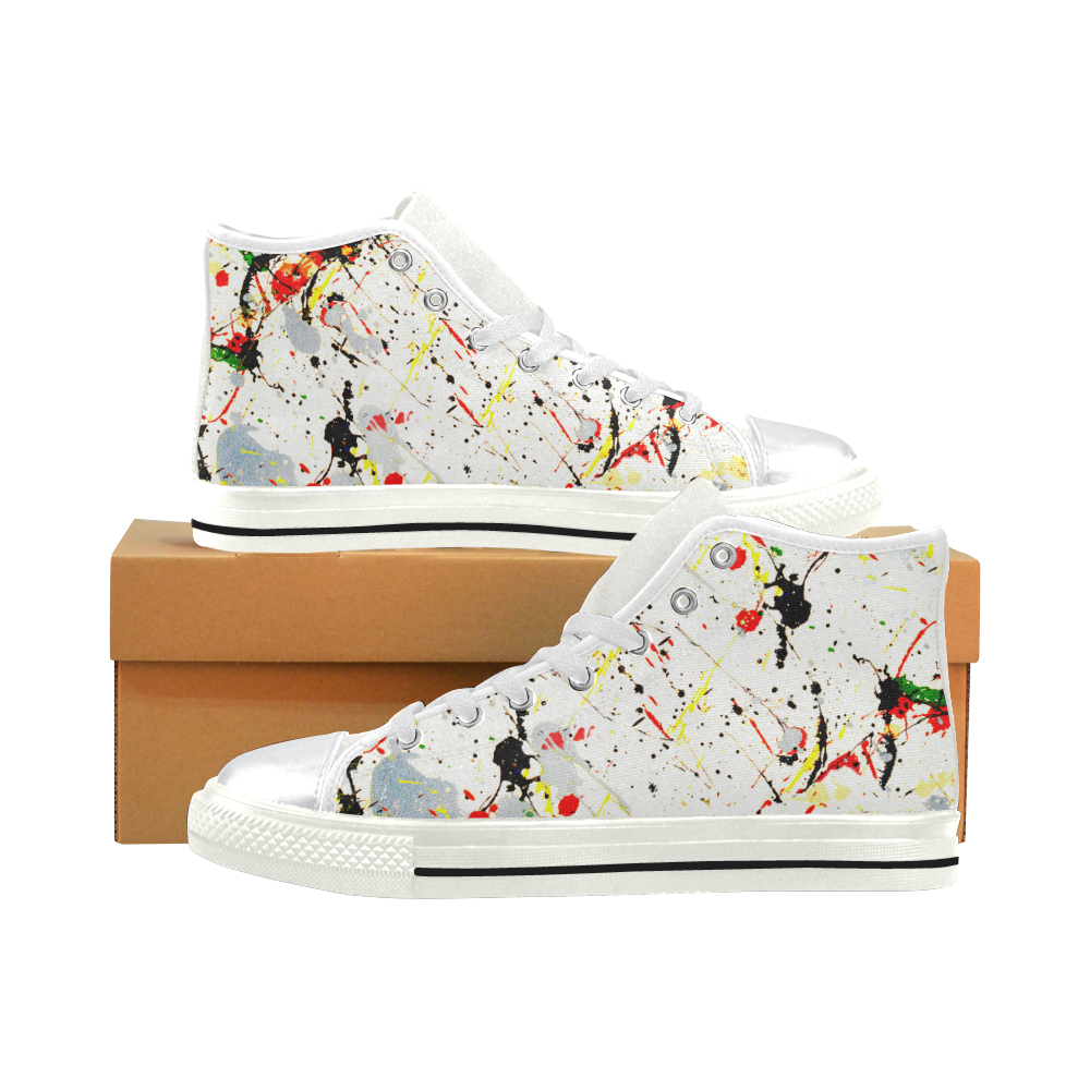 Yellow & Black Paint Splatter - White High Top Canvas Shoes for Kid (Model 017)