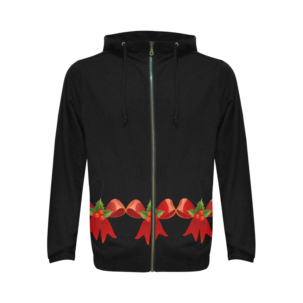 Red Christmas Bows and Holly All Over Print Full Zip Hoodie for Men/Large Size (Model H14)