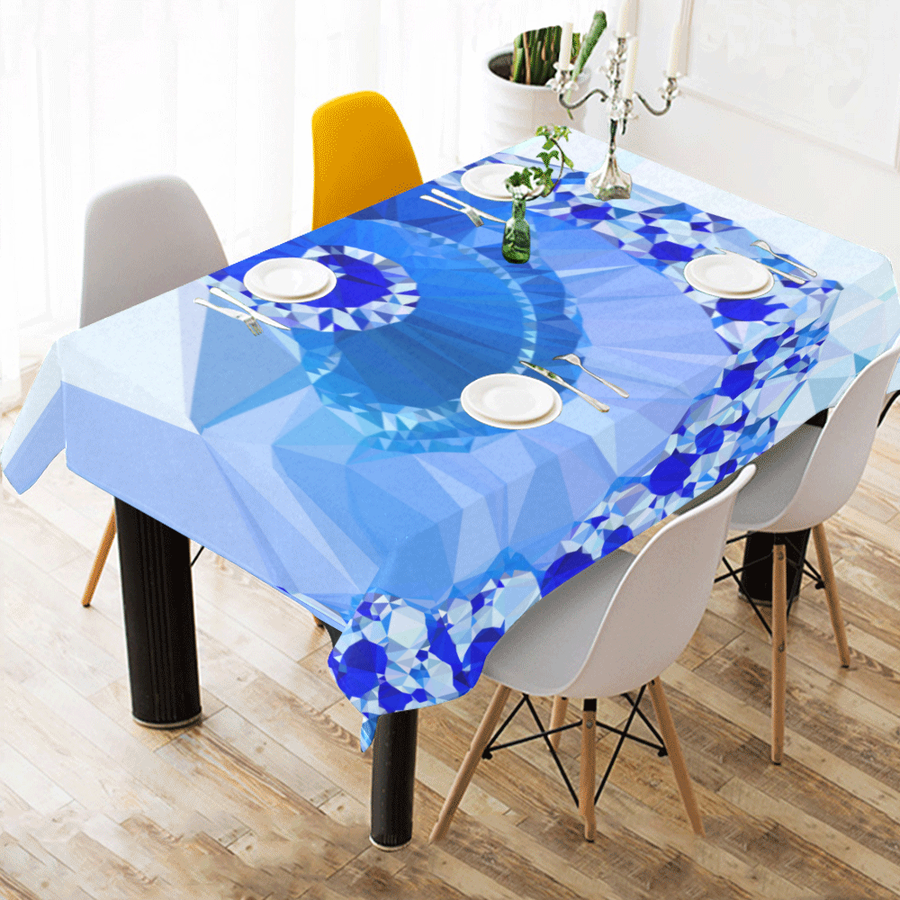 Blue White Geometric Fractal Art Cotton Linen Tablecloth 60"x 84"