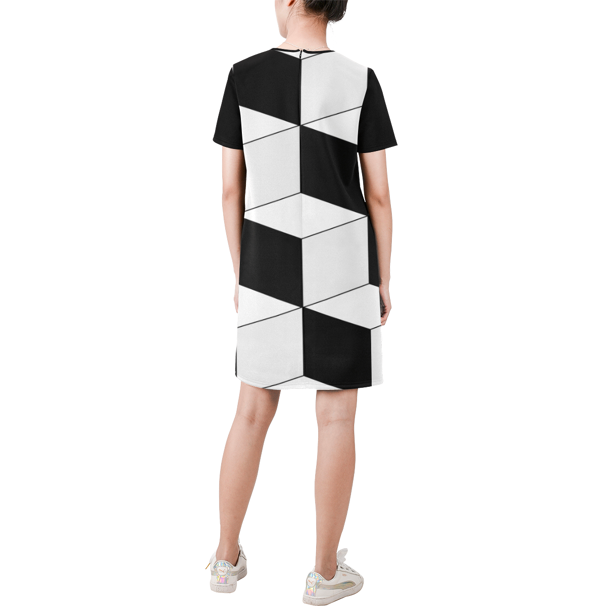 Abstract geometric pattern - black and white. Short-Sleeve Round Neck A-Line Dress (Model D47)
