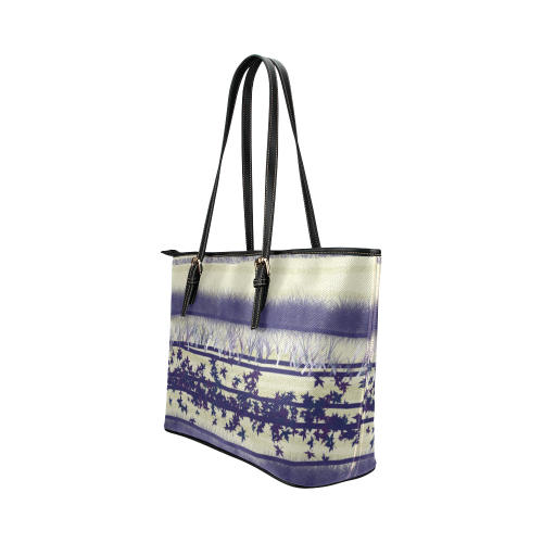 abstract beige blue lines Leather Tote Bag/Large (Model 1651)