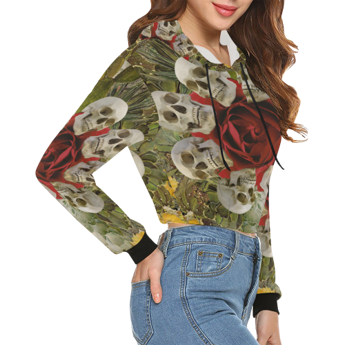 Western Skull All Over Print Crop Hoodie for Women (Model H22)