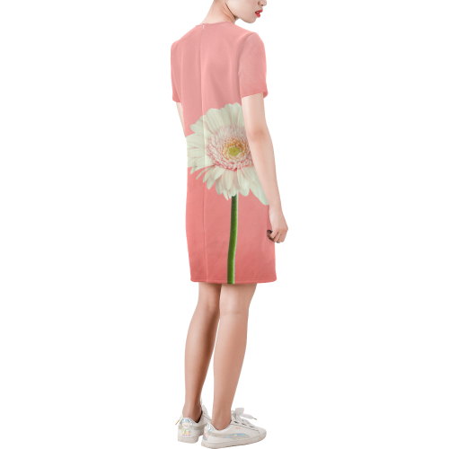 Gerbera Daisy - White Flower on Coral Pink Short-Sleeve Round Neck A-Line Dress (Model D47)