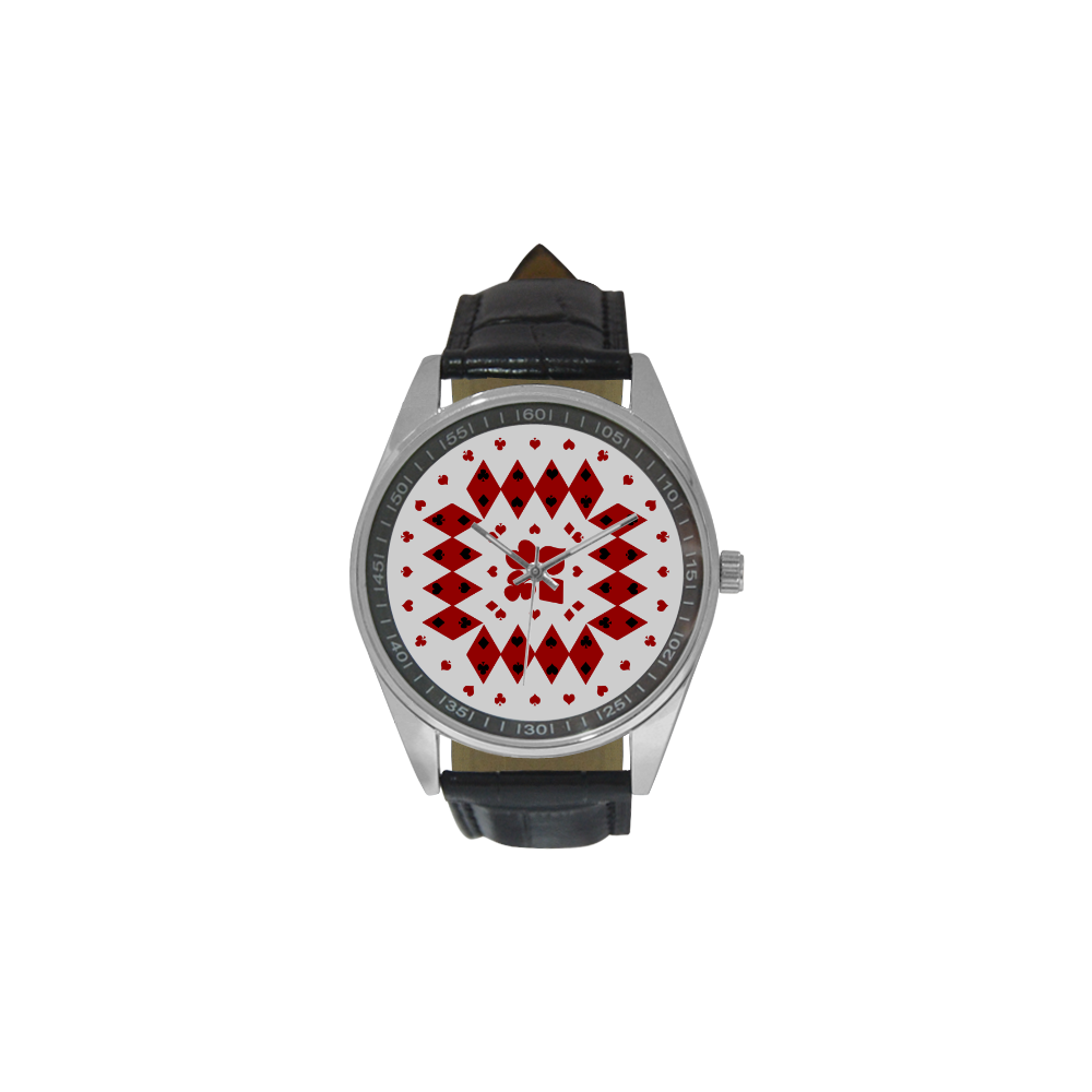 Black and Red Playing Card Shapes (White) Men's Casual Leather Strap Watch(Model 211)