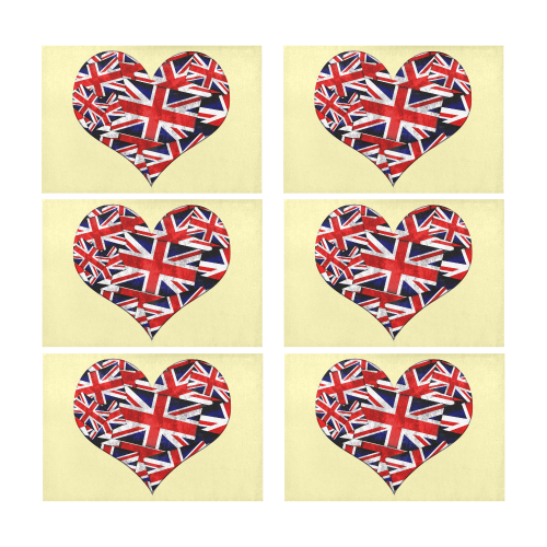 Union Jack British UK Flag Heart Yellow Placemat 12’’ x 18’’ (Set of 6)