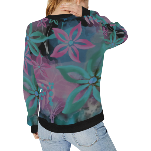 Flower Pattern - black, teal green, purple, pink Women's Rib Cuff Crew Neck Sweatshirt (Model H34)