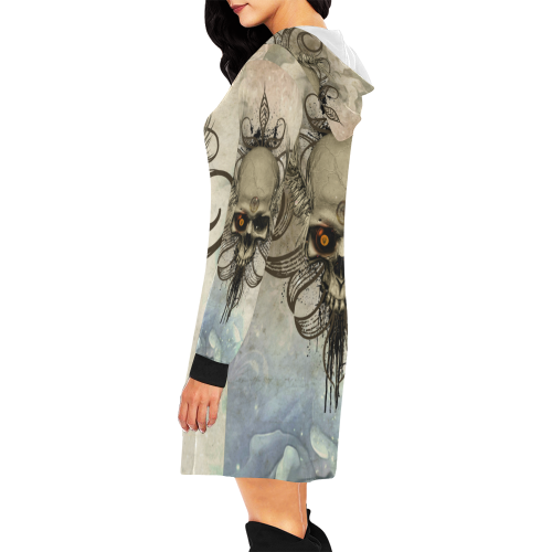 Creepy skull, vintage background All Over Print Hoodie Mini Dress (Model H27)