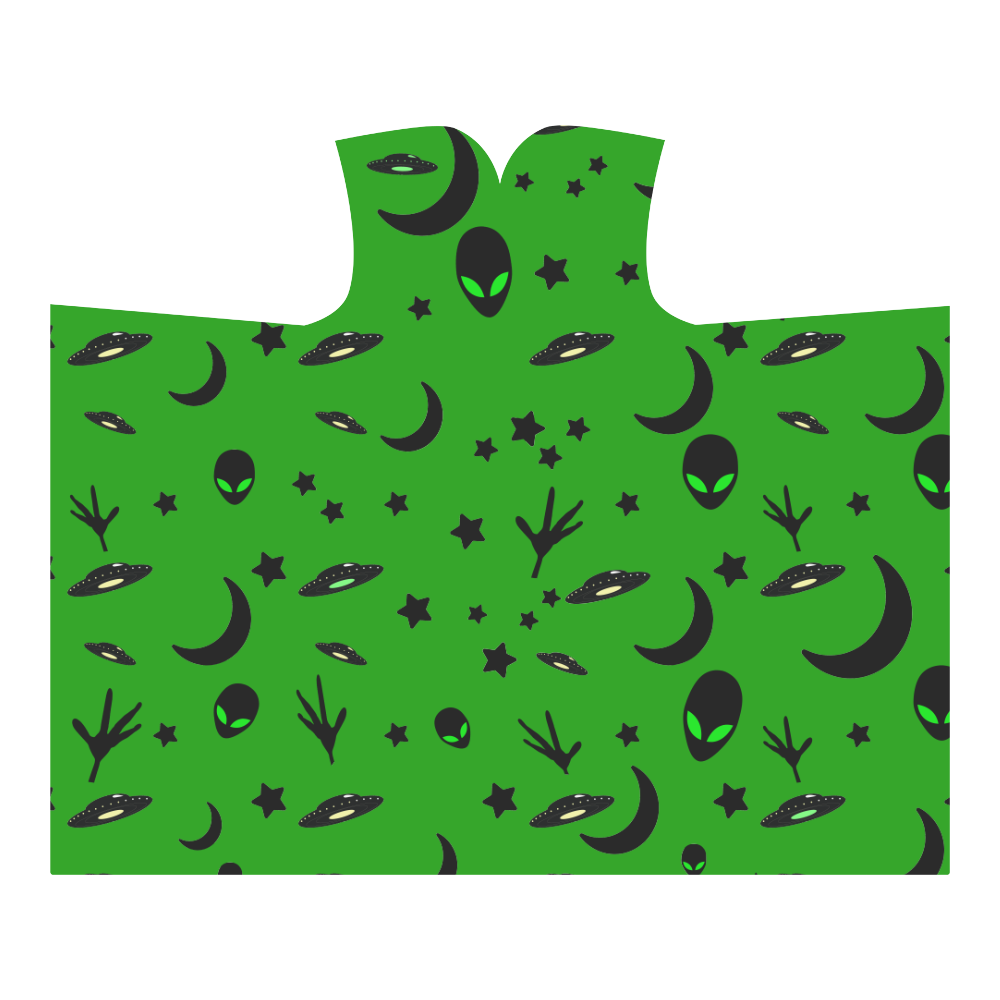 Alien Flying Saucers Stars Pattern on Green Hooded Blanket 60''x50''