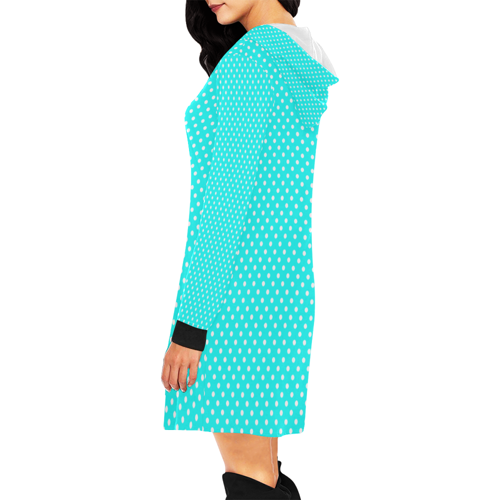 Baby blue polka dots All Over Print Hoodie Mini Dress (Model H27)