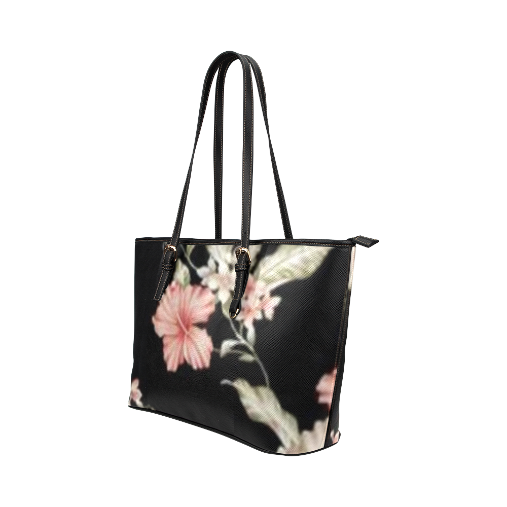 fancy pink florals on black leather tote bag small Leather Tote Bag/Small (Model 1651)