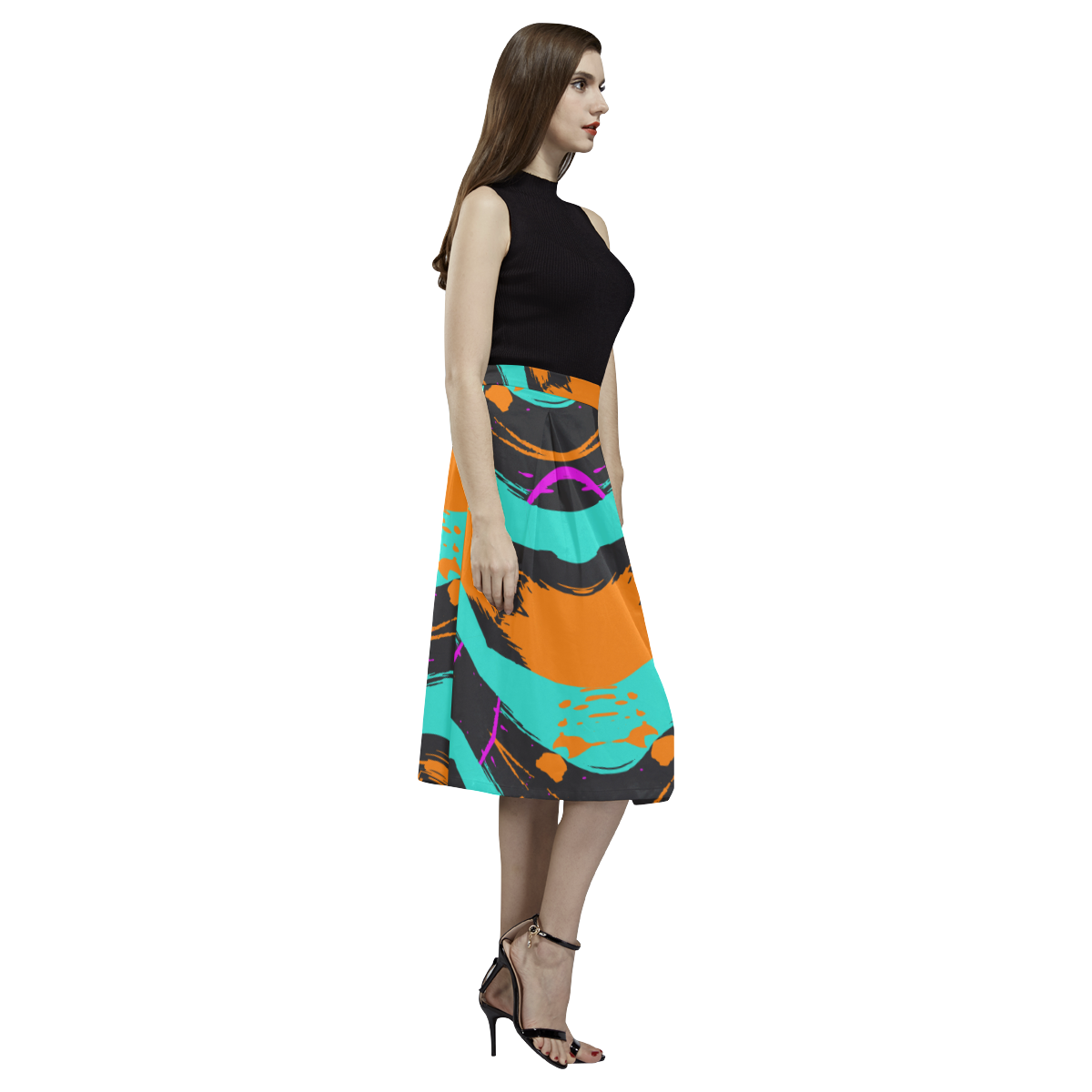 Blue orange black waves Aoede Crepe Skirt (Model D16)