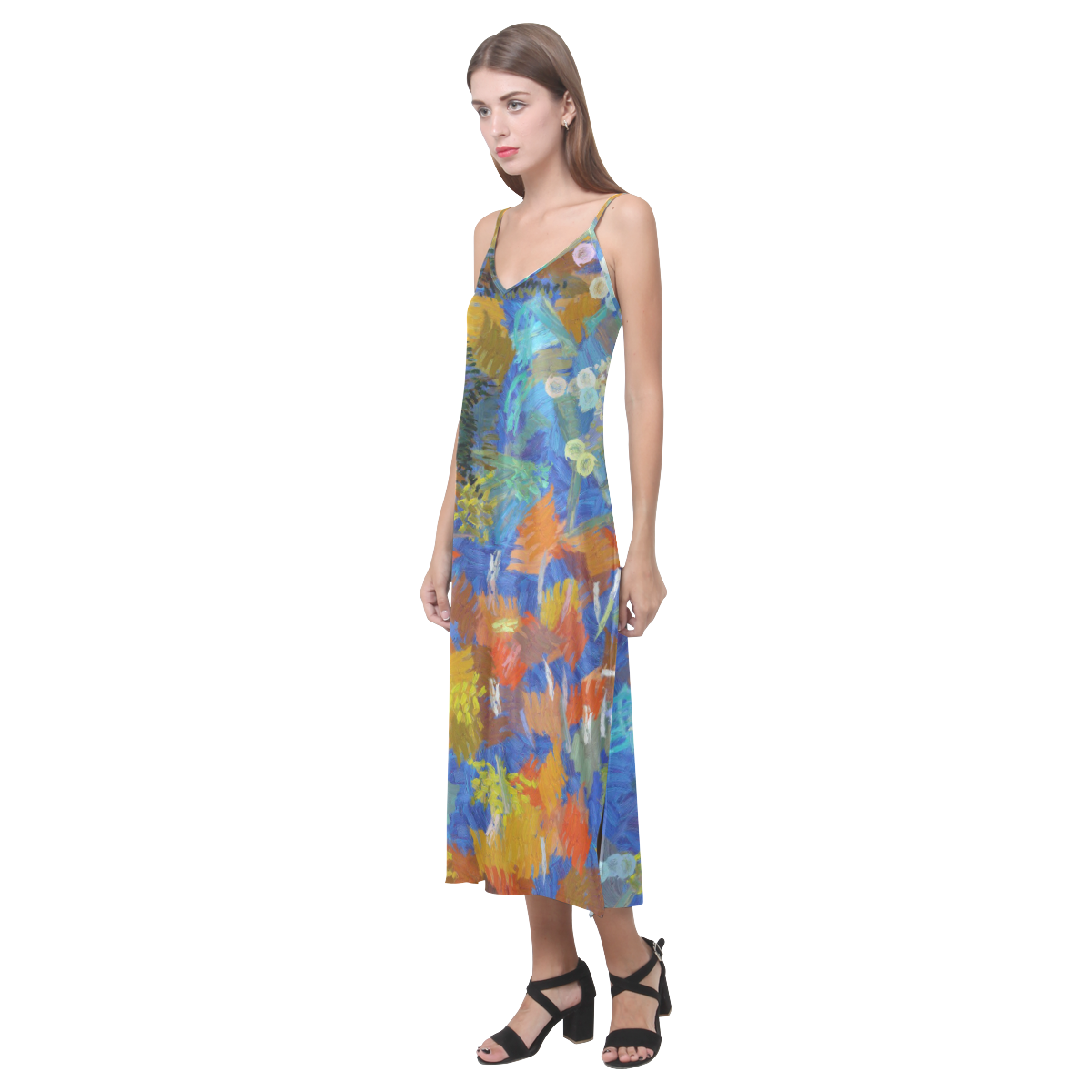 Colorful paint strokes V-Neck Open Fork Long Dress(Model D18)