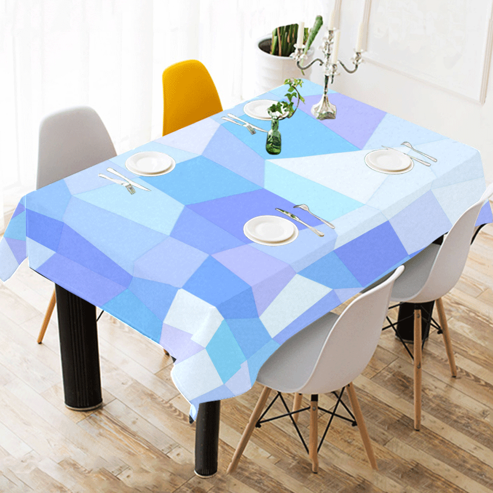 Bright Blues Mosaic Cotton Linen Tablecloth 52"x 70"