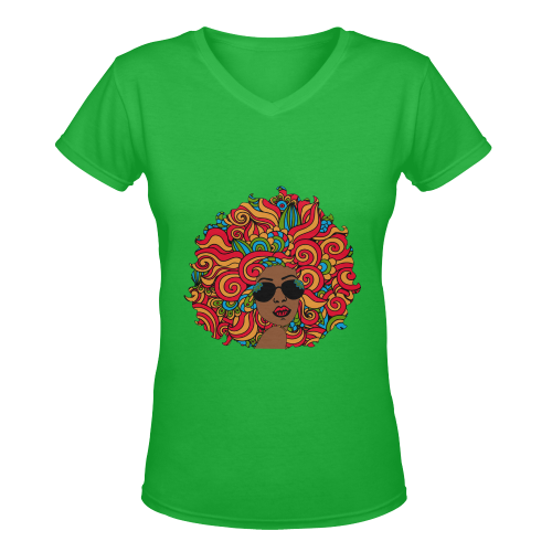 Afro Woman Zentagle Green Women's Deep V-neck T-shirt (Model T19)