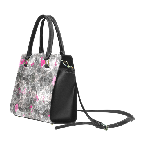 Pink and Gray Floral Art Rivet Shoulder Handbag (Model 1645)