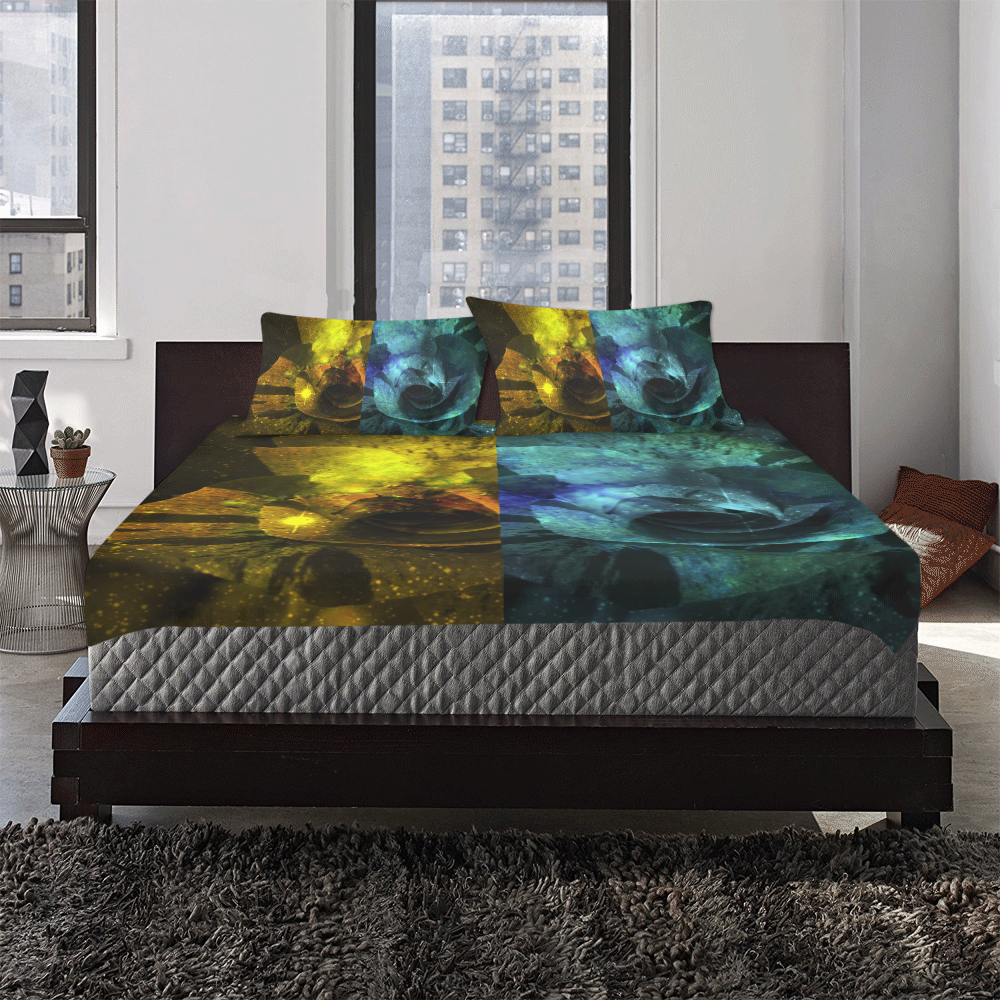 Yellow and Blue Sparkling Rose 3-Piece Bedding Set