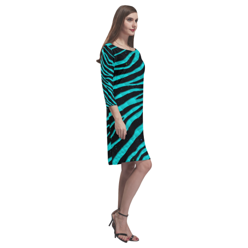 Ripped SpaceTime Stripes - Cyan Rhea Loose Round Neck Dress(Model D22)