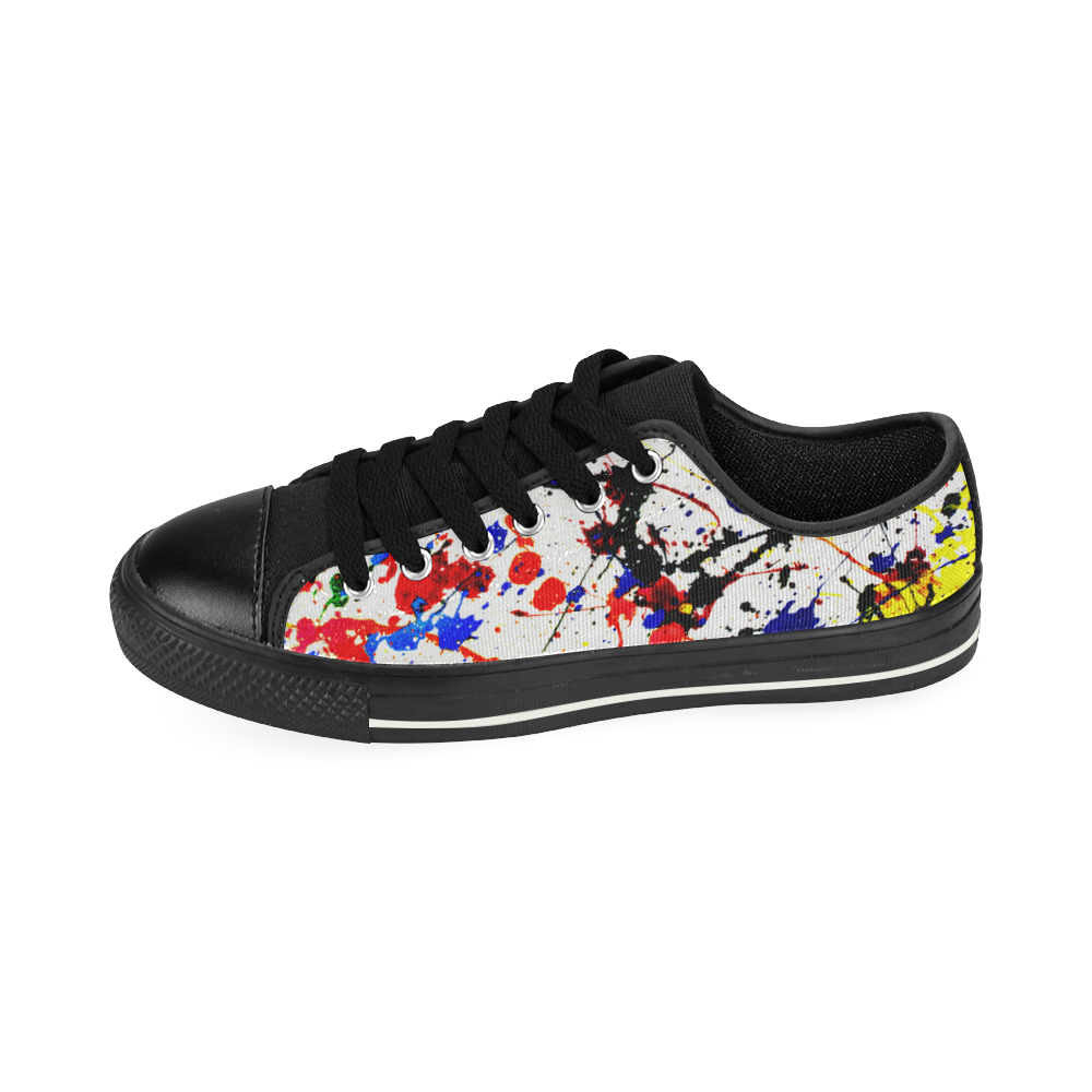 Blue & Red Paint Splatter - Black Low Top Canvas Shoes for Kid (Model 018)