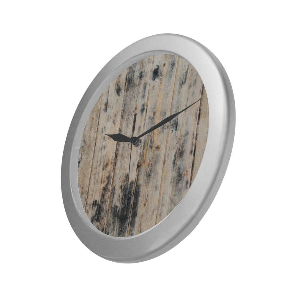 Silver Frame Wall Clock Classic Graphic Weathered Wood Style Modern Art Wall Clock Silver Color Wall Clock