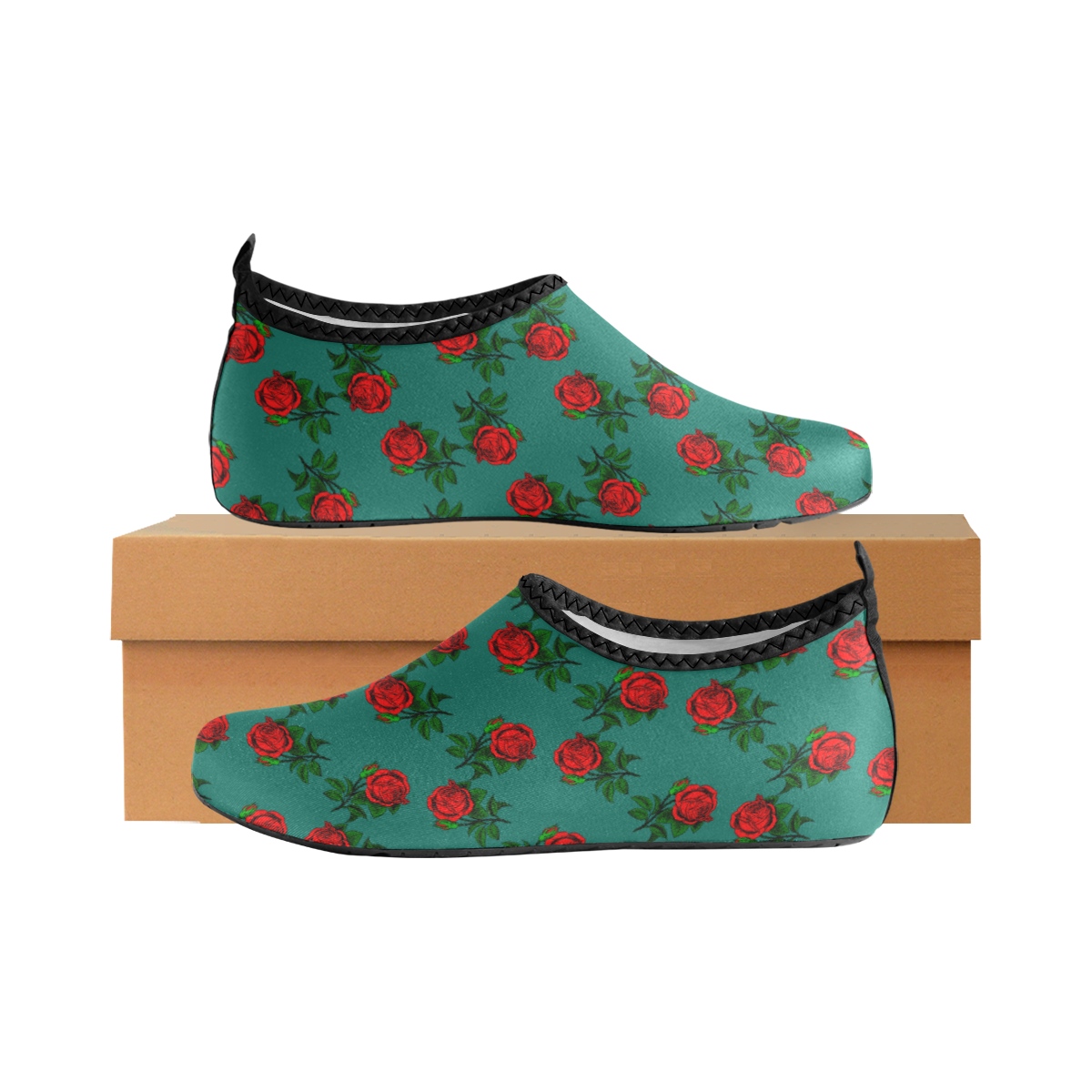 red roses teal green Women's Slip-On Water Shoes (Model 056)