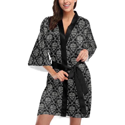 Black and Silver Damask Kimono Robe