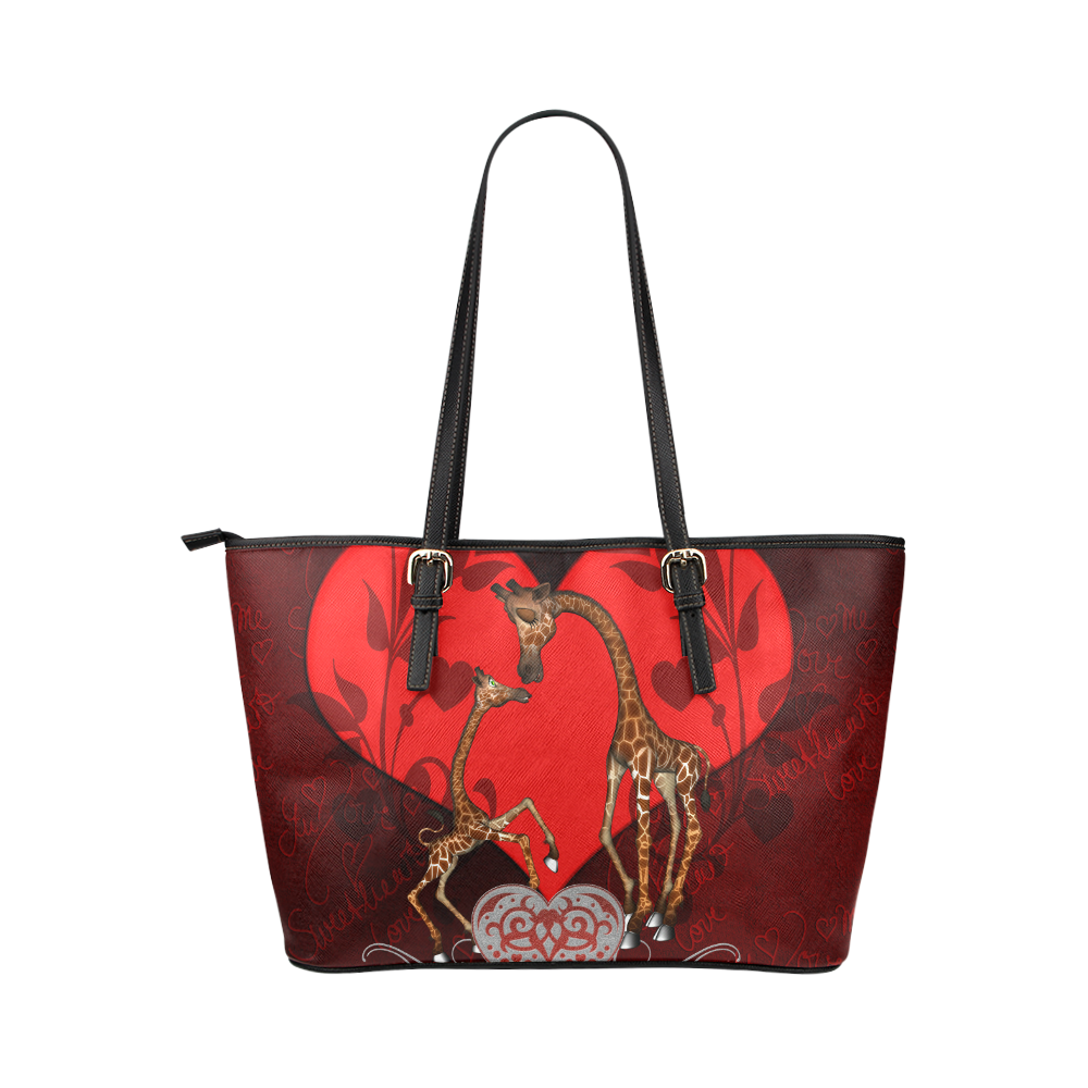 Giraffe mum with baby Leather Tote Bag/Small (Model 1651)