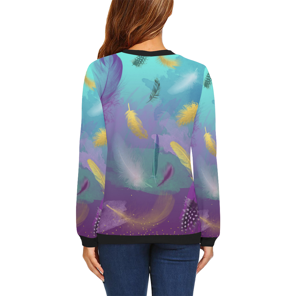 Dancing Feathers - Turquoise and Purple All Over Print Crewneck Sweatshirt for Women (Model H18)