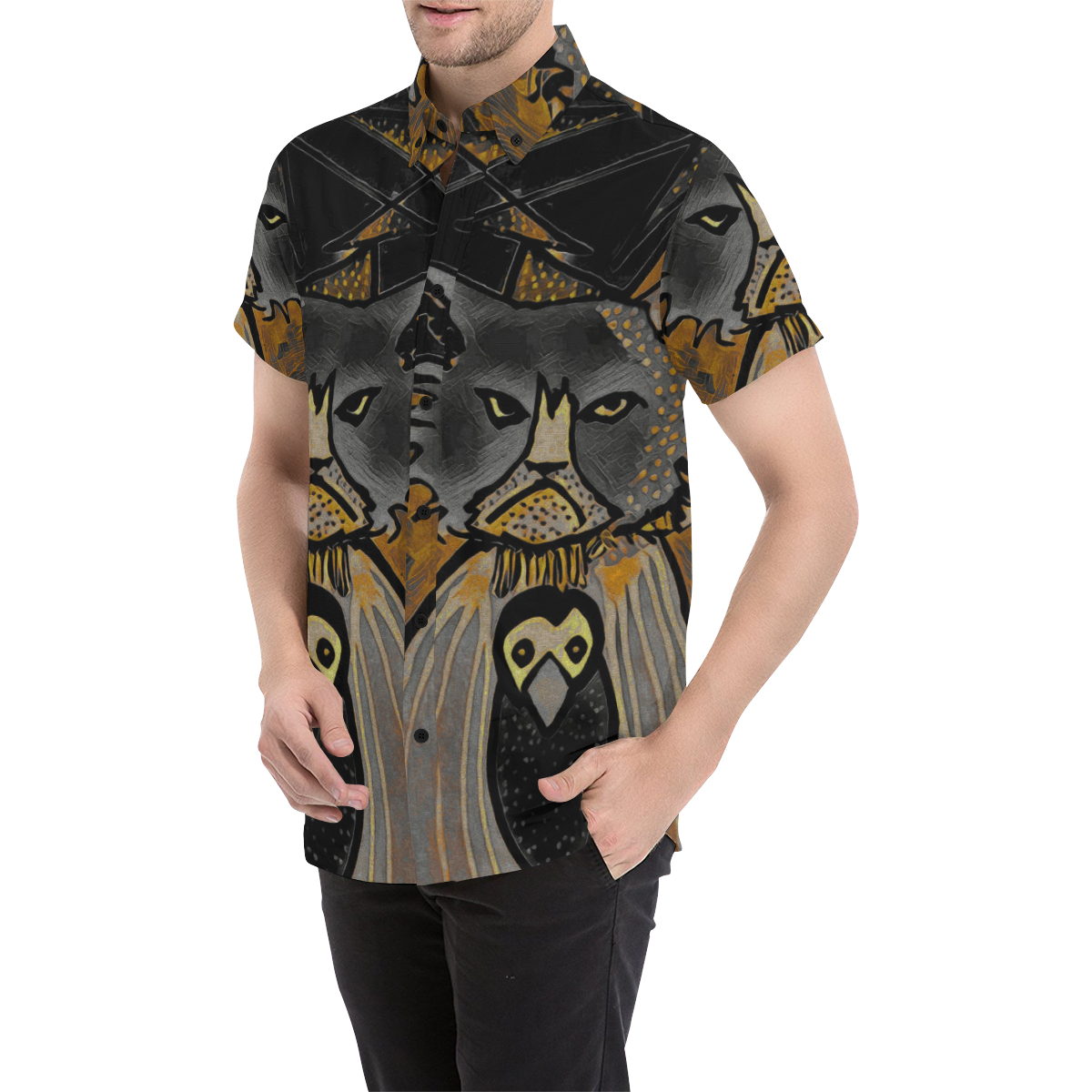 mean cat and crow Men's All Over Print Short Sleeve Shirt (Model T53)