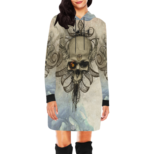 Creepy skull, vintage background All Over Print Hoodie Mini Dress (Model H27)