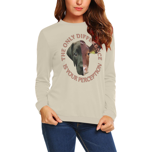 Vegan Cow and Dog Design with Slogan All Over Print Crewneck Sweatshirt for Women (Model H18)