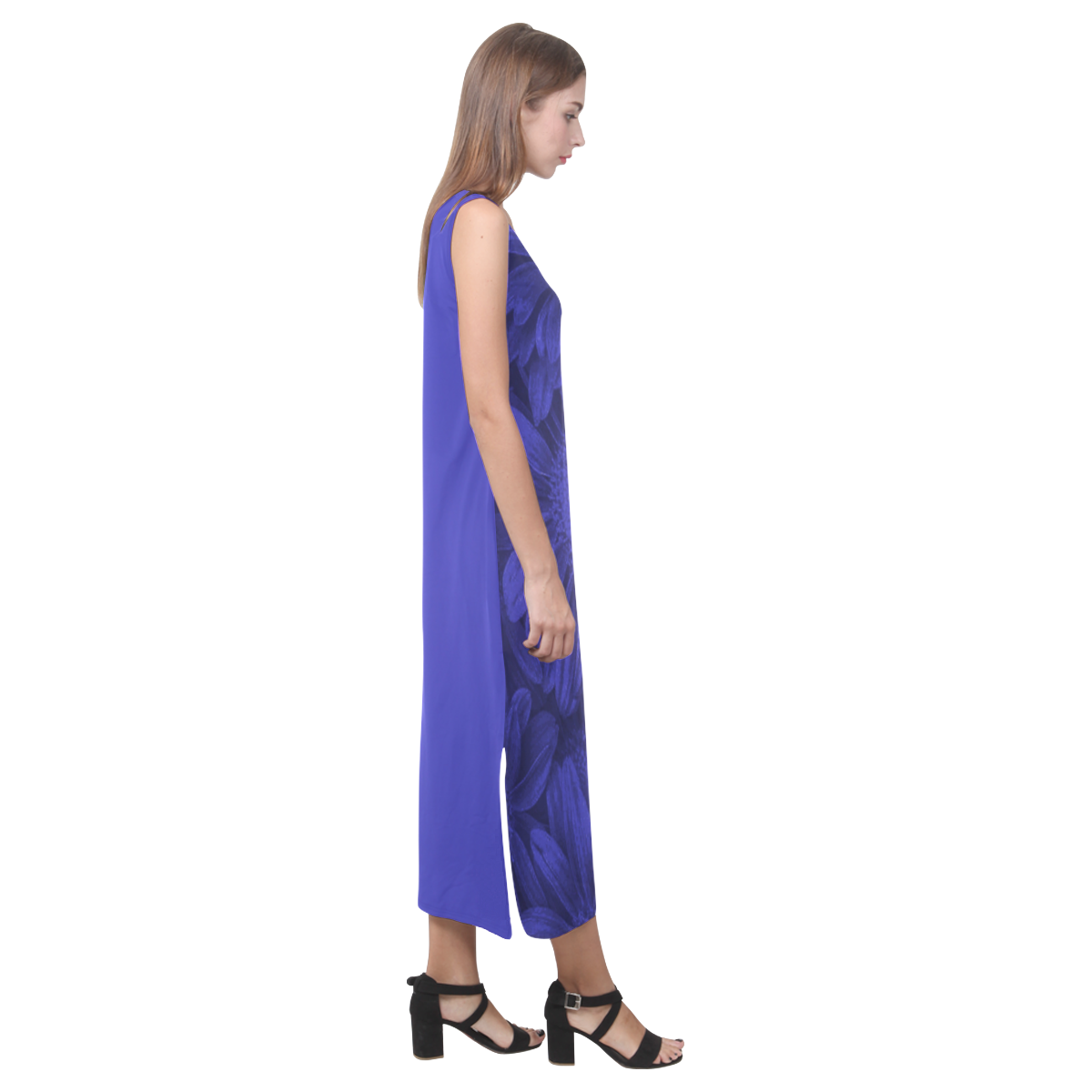 Royal Blue Floral Midi Length Dress Phaedra Sleeveless Open Fork Long Dress (Model D08)