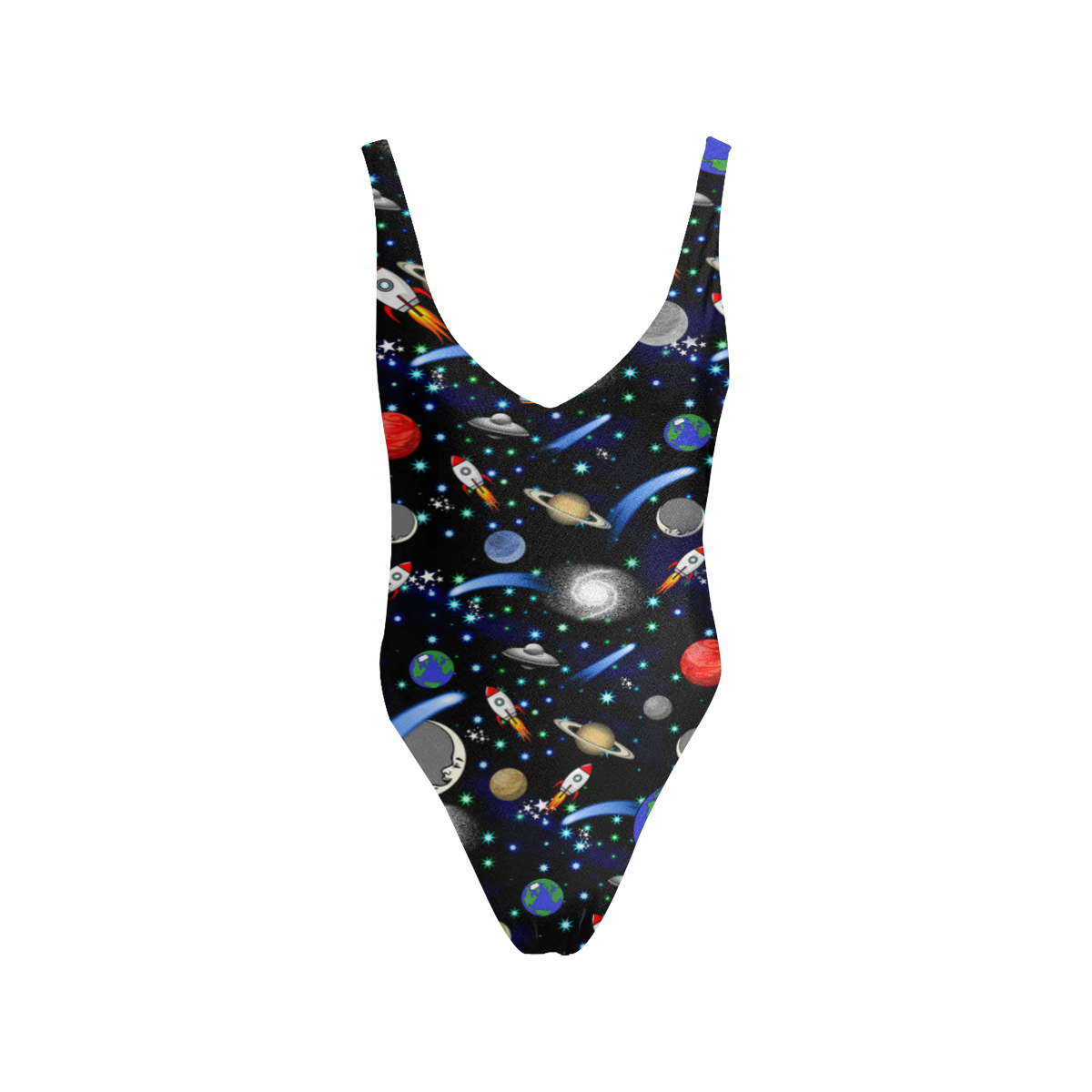 Galaxy Universe - Planets, Stars, Comets, Rockets Sexy Low Back One-Piece Swimsuit (Model S09)