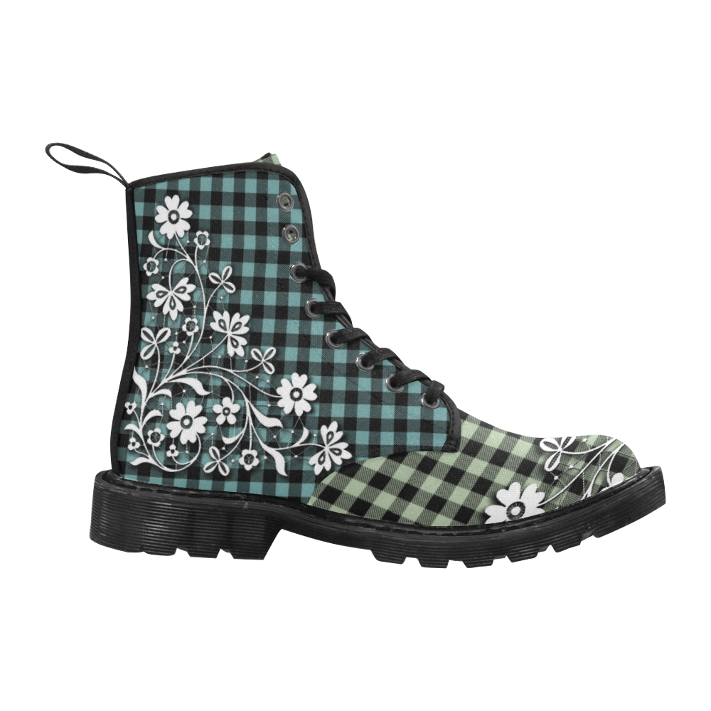 Blooming Teal/Green Buffalo Plaid Martin Boots for Women (Black) (Model 1203H)