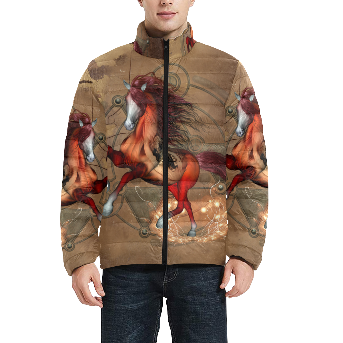 Wonderful horse with skull, red colors Men's Stand Collar Padded Jacket (Model H41)
