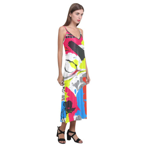 Colorful distorted shapes2 V-Neck Open Fork Long Dress(Model D18)