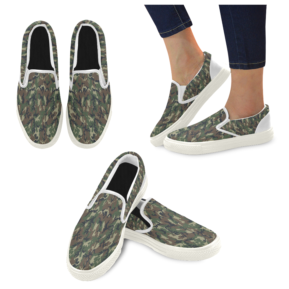Woodland Forest Green Camouflage Women's Slip-on Canvas Shoes (Model 019)