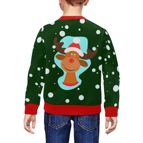 Funny Christmas Reindeer Green Ugly Sweater All Over Print Crewneck Sweatshirt for Kids (Model H29)
