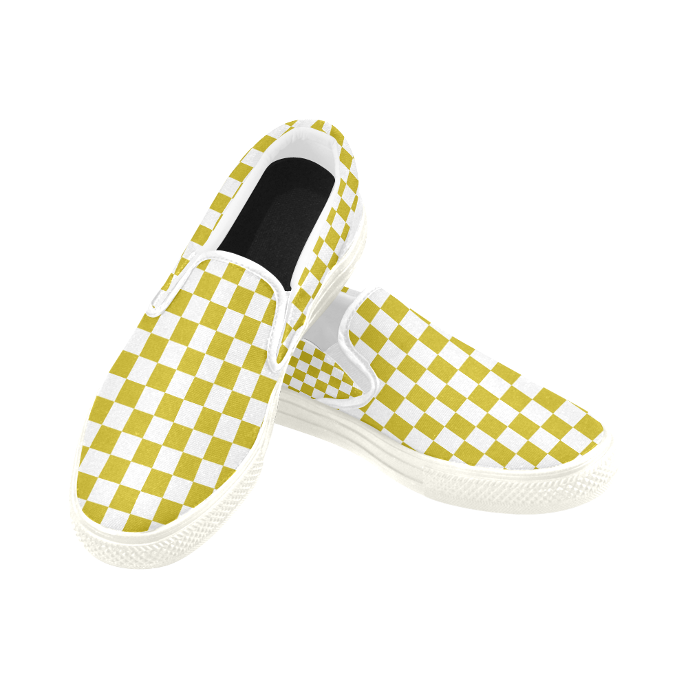 Checkerboard Gold and White Women's Unusual Slip-on Canvas Shoes (Model 019)