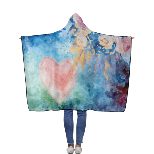 Heart and Flowers - Pink and Blue Flannel Hooded Blanket 50''x60''