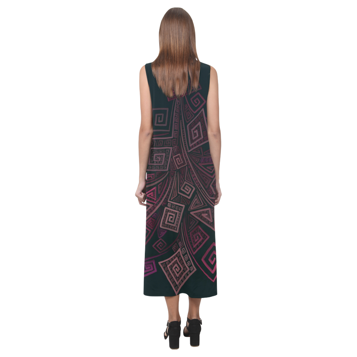 Psychedelic 3D Square Spirals - pink and orange Phaedra Sleeveless Open Fork Long Dress (Model D08)