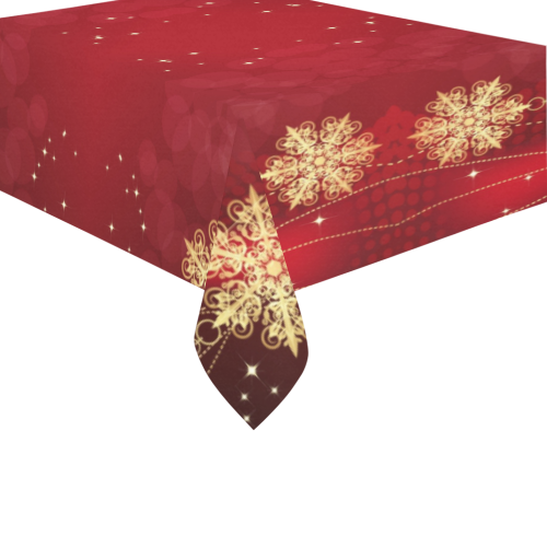 Golden Christmas Snowflake Ornaments on Red Cotton Linen Tablecloth 60" x 90"