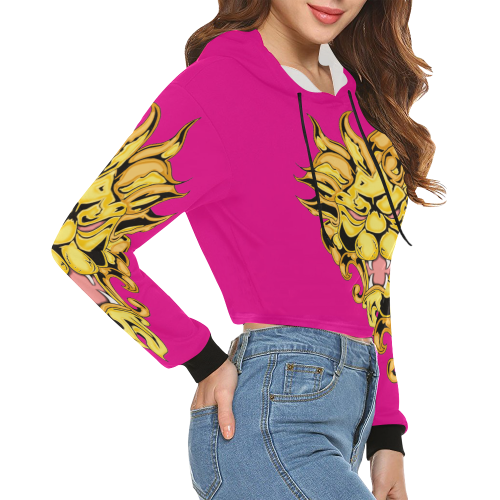Gold Metallic Lion Pink All Over Print Crop Hoodie for Women (Model H22)